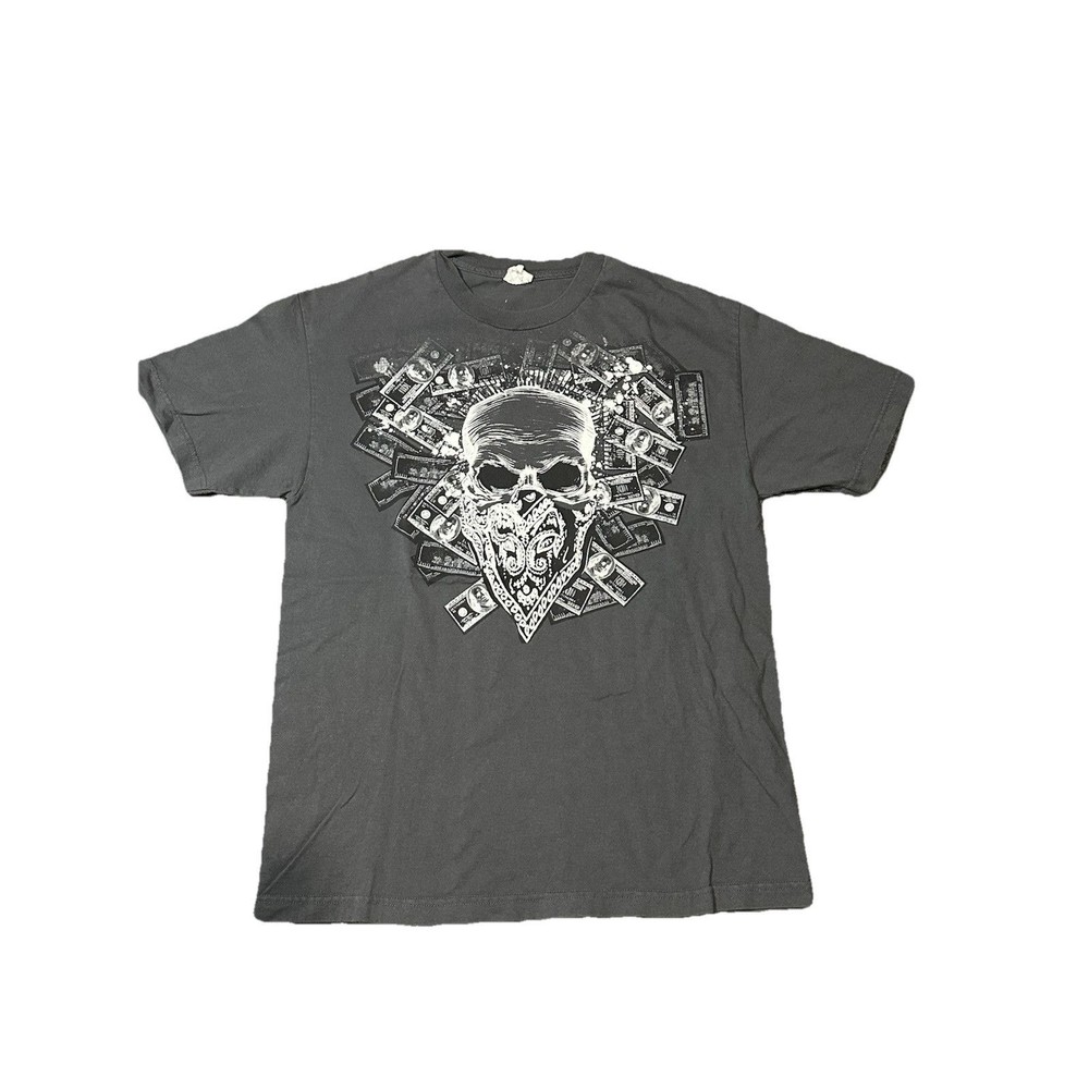 Y2K Skull Bandana T Shirt Grey Grunge Biker Goth Size Large‎